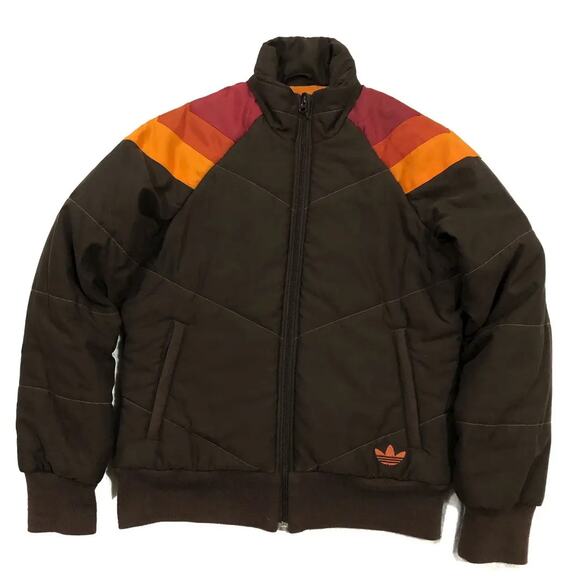 Adidas Brown Red Orange Chevron Embroidered Polar Bear Puffer Jacket size 38 / S - Picture 1 of 13